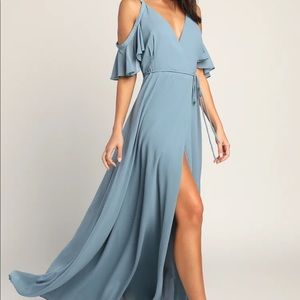 Lulus Easy Listening Slate Blue Cold-Shoulder Wrap Maxi Dress